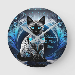 Horloge Ronde Chat siamois, noir bleu et blanc abstrait