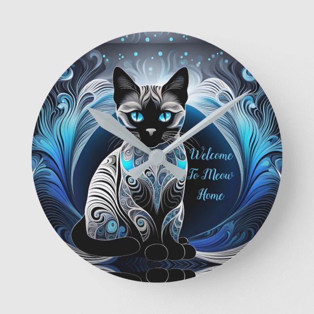 Horloge Ronde Chat siamois, noir bleu et blanc abstrait (Recto)