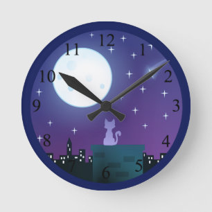 Horloge Ronde Chat sous le nombre de clair de lune