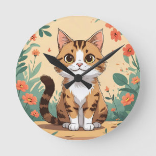 Horloge Ronde Chat Tabby Adorable dans Jardin en Fleurs Rond en
