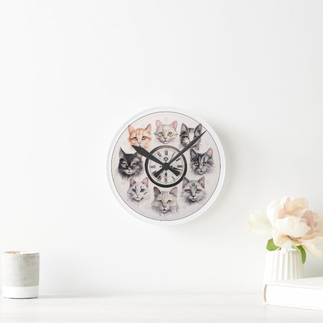 Horloge Ronde Chat Whimsical fait face à la conception charmante (Maison)