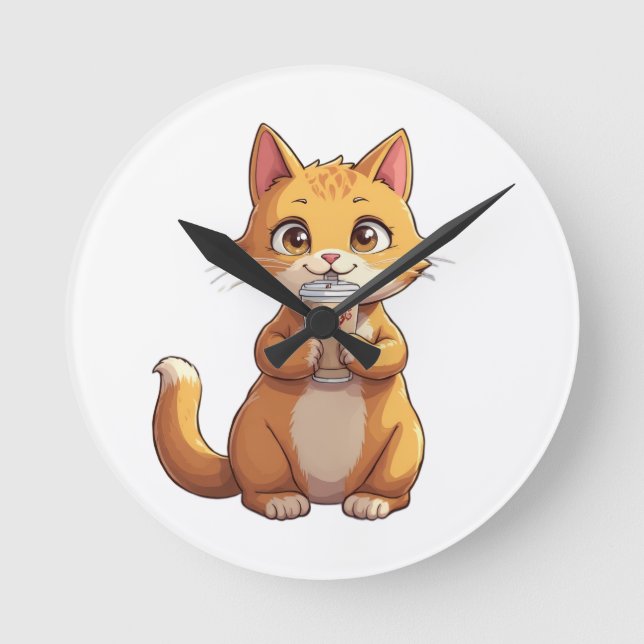 Horloge Ronde Chaton buvant du café (Recto)