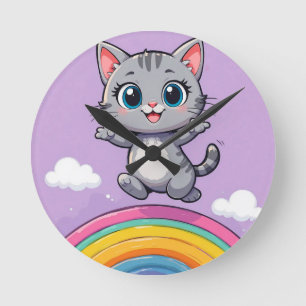 Horloge Ronde Chaton de dessin animé adorable sautant joyeusemen