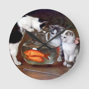 Horloge Ronde Chatons de chats pêchant dans une peinture de