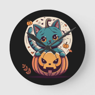 Horloge Ronde Chats et citrouilles pour un joyeux Halloween !