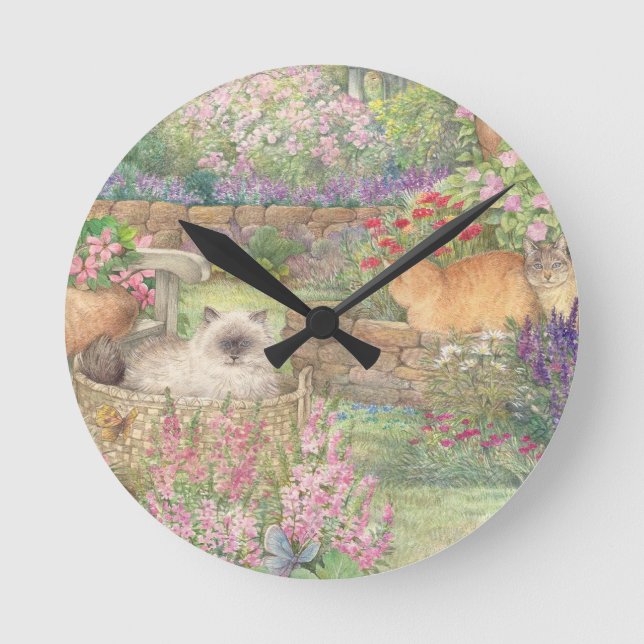 Horloge Ronde Chats illustrés dans le jardin (Recto)