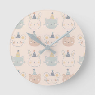 Horloge Ronde Chats Mignons Lapins et Ours Visages Motif Pastel