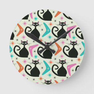 Horloge Ronde Chats noirs atomiques de milieu de siècle avec boo