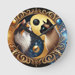 Horloge Ronde Chats symbolisant l'équilibre avec un Yin Yang