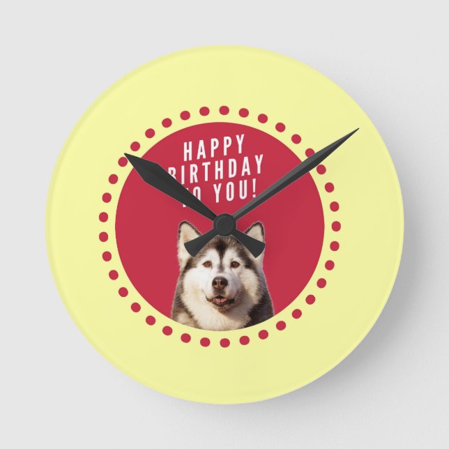 Horloge Ronde Chatte Sibérien Husky Chien Joyeux Anniversaire (Recto)