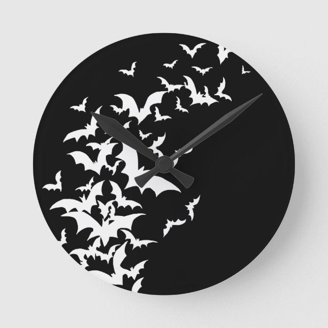 Horloge Ronde Chauves-souris blanches en noir (Recto)