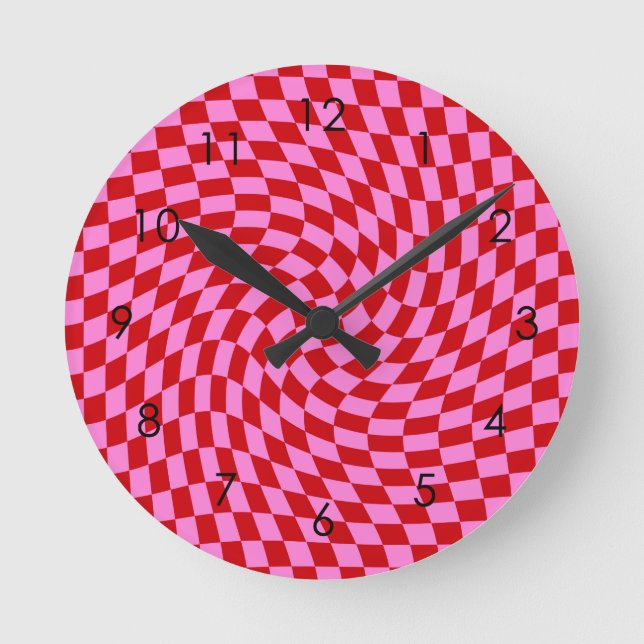 Horloge Ronde Checkered Retro Warped Red Pink (Recto)