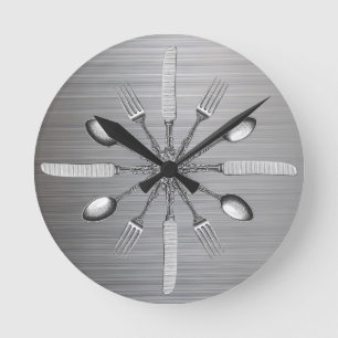 Horloge Ronde Chef Kitchen Utensils Faux Metal Steel