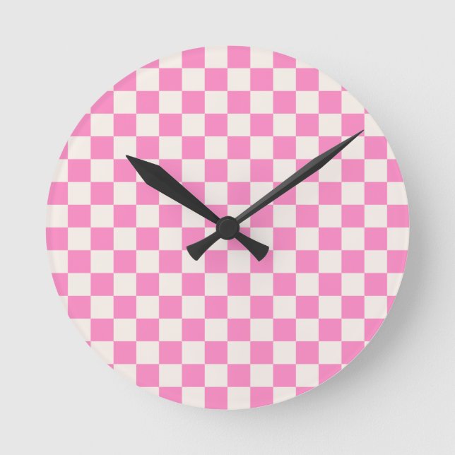 Horloge Ronde Chèque rose, Motif en damier, À damiers (Recto)