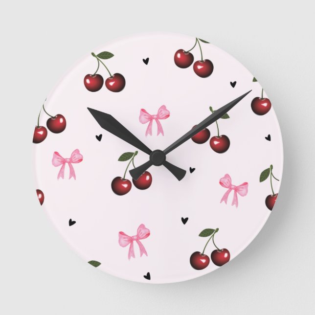 Horloge Ronde Cherry & Pink Bows Pattern - Coquette Aesthetic  (Recto)