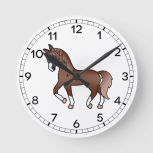 Horloge Ronde Chestnut Cute Cartoon Trotting Horse Illustration