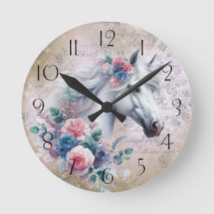 Horloge Ronde Cheval aquarelle florale