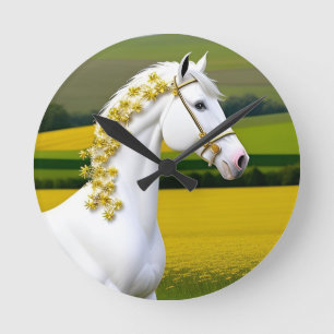 Horloge Ronde Cheval Blanc Avec Guirlande Florale
