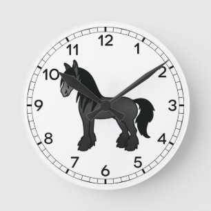 Horloge Ronde Cheval de dessin animé Black Gypsy Vanner Clydesda