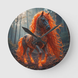 Horloge Ronde Cheval de Feu Enchanté à la Crinière Vibrante