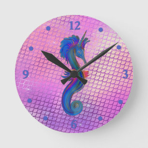Horloge Ronde Cheval de mer coloré