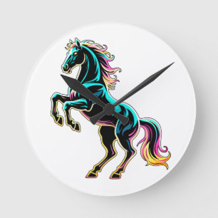 Horloge Ronde Cheval Enseigne au Néon Style Rétro Glitch