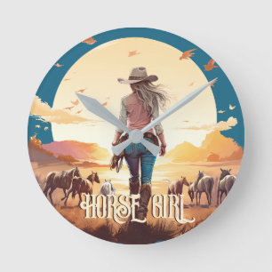 Horloge Ronde Cheval fille Cowgirl cheval amoureux du désert cou
