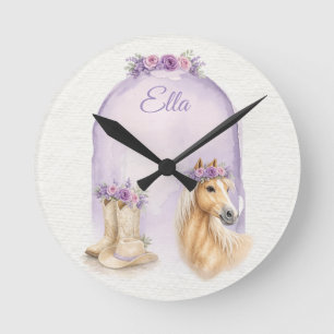 Horloge Ronde Cheval Floral Violet Filles