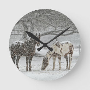 Horloge Ronde cheval hiver neige ferme ranch animaux enneigés ge