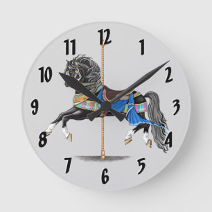 Horloge Ronde Cheval noir de carrousel
