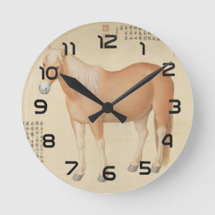 Horloge Ronde Cheval Palomino Doré - Art Chinois Vintage