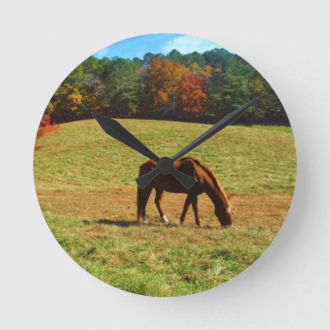 Horloge Ronde Cheval rouge Brown dans les arbres d'automne (Recto)