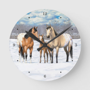 Horloge Ronde Chevaux Appaloosa En Peau De Bouche En Neige