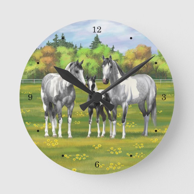 Horloge Ronde Chevaux De Peinture Gris De Pâte De Poisson En Été (Recto)