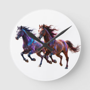 Horloge Ronde Chevaux Mystiques Néon Galactiques en Course Paire