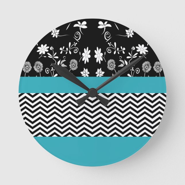 Horloge Ronde chevron floral bleu (Recto)