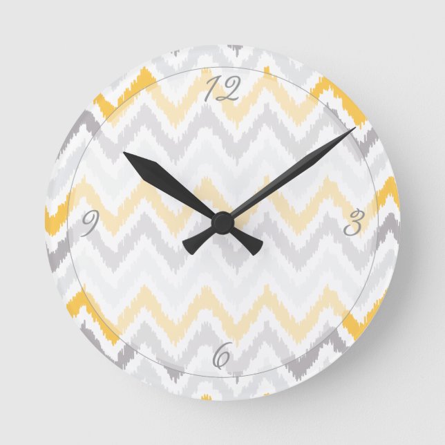 Horloge Ronde Chevrons gris jaune Motif Ikat (Recto)