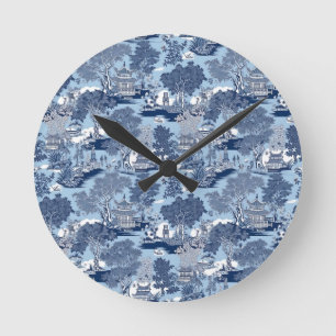 Horloge Ronde Chic Bleu blanc saule chinoiserie cottage