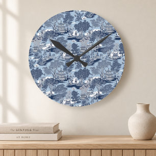 Horloge Ronde Chic bleu saules blanc chinoiserie cottage