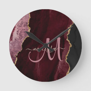 Horloge Ronde Chic Burgundy Gold Glitter Agate Custom Monogram