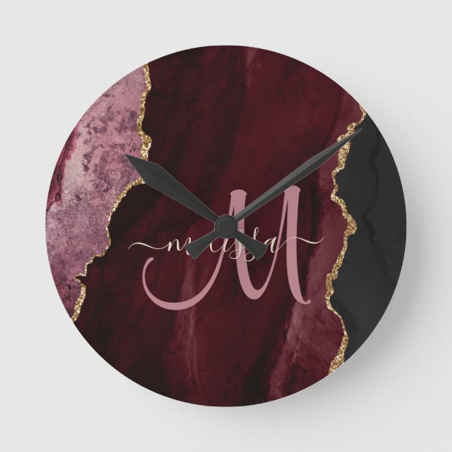 Horloge Ronde Chic Burgundy Gold Glitter Agate Custom Monogram (Recto)