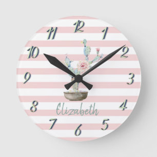 Horloge Ronde Chic Cactus Aquarelle, Rayures Roses