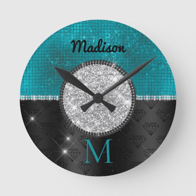 Horloge Ronde Chic faux Parties scintillant argent Turquoise noi (Recto)