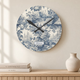 Horloge Ronde Chic floral vintage monogramme toile de jouy bleue