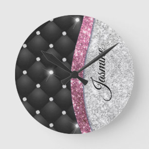 Horloge Ronde Chic girly faux parties scintillant argent noir ro