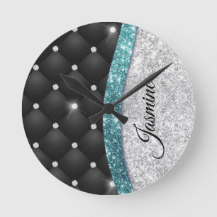 Horloge Ronde Chic girly faux parties scintillant argent noir tu
