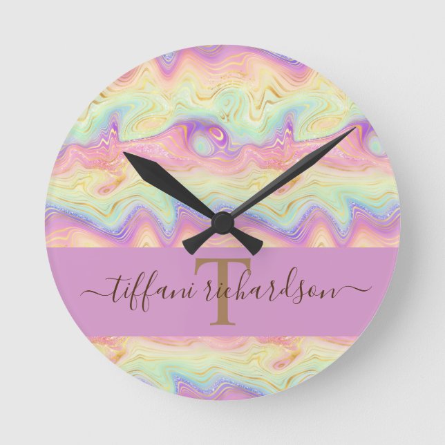 Horloge Ronde Chic Girly Rainbow Gold Agate Geode (Recto)