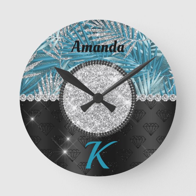 Horloge Ronde Chic girly turquoise aqua parties scintillant feui (Recto)