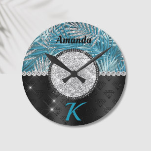 Horloge Ronde Chic girly turquoise aqua parties scintillant feui