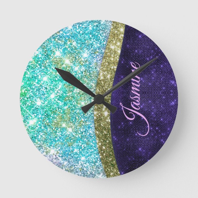 Horloge Ronde Chic irisé violet bleu faux parties scintillant mo (Recto)